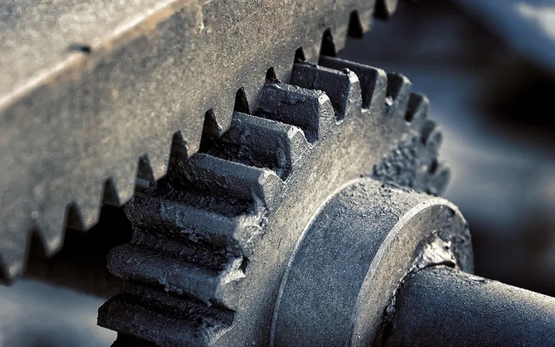Close-up of a large metal gear meshing with a flat toothed rack