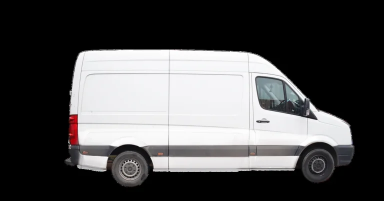 White cargo van shown in side profile, representative of the Ford Transit 150, 250, and 350 body style
