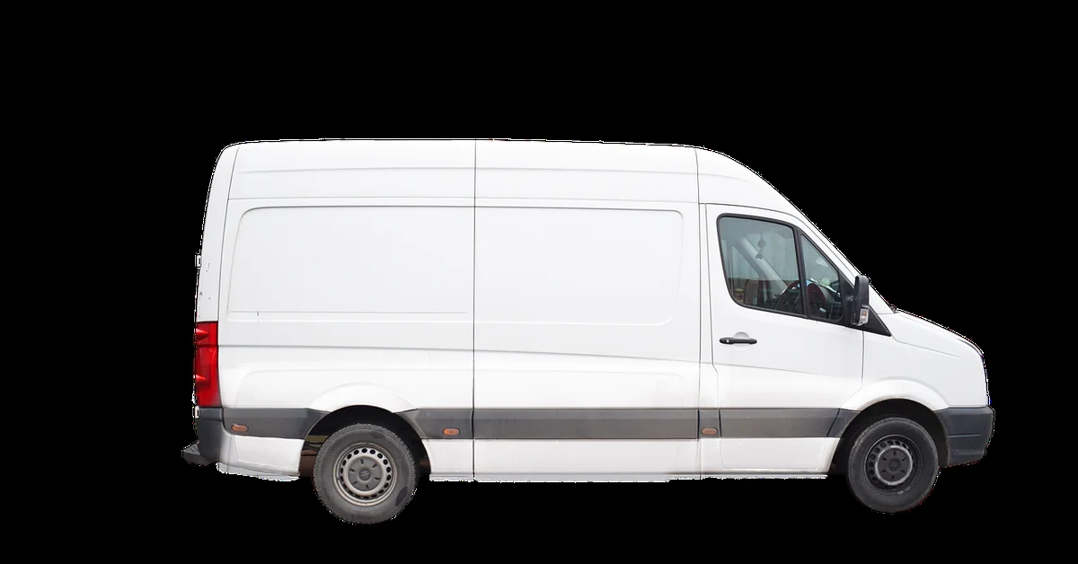 White cargo van shown in side profile, representative of the Ford Transit 150, 250, and 350 body style
