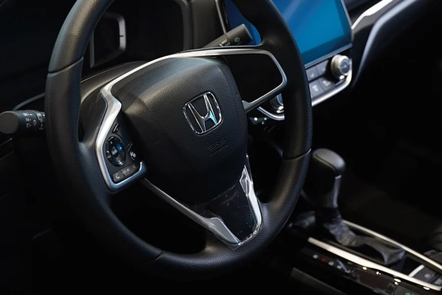 Close-up of the Honda badge on a steering wheel