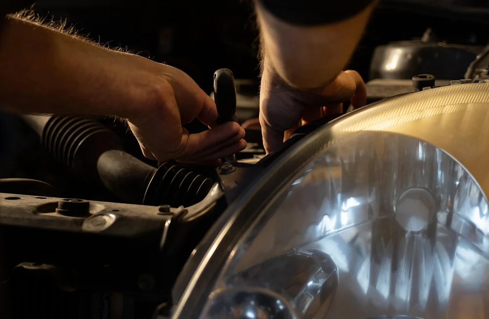 Mechanic's hands repairing a headlight assembly under the hood