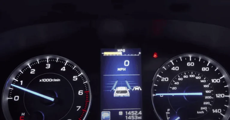 Car dashboard gauge cluster with a warning icon and lane display active