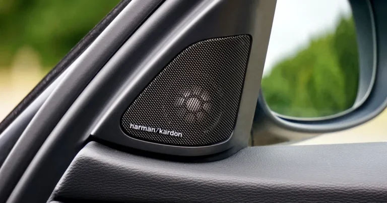 Close-up of a car door speaker grille