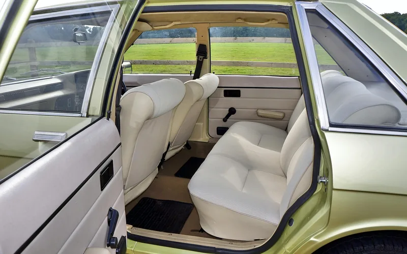 A car with a door open showing the seats, door panel and footwell