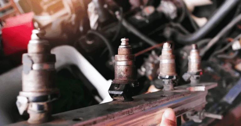 Set of removed fuel injectors laid out on an engine rail