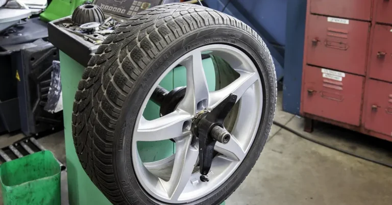 Truck tire mounted on a wheel service machine in a shop