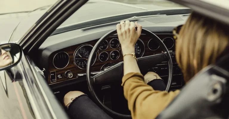 Steering wheel and dashboard interior closeup