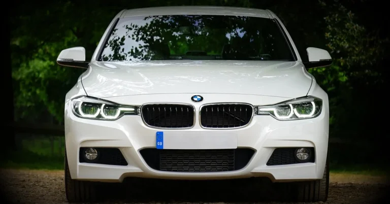 White BMW 3 Series front view with grille and headlights