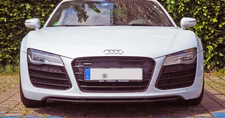 Front view of a white Audi R8, relevant to Audi performance and long-term reliability