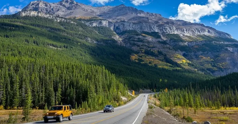 A scenic mountain road in Alberta, Canada, relevant to Americans renting a car to road trip in Canada