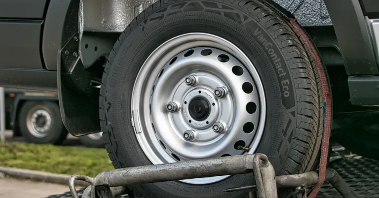 Vehicle wheel secured on a flatbed transporter for towing