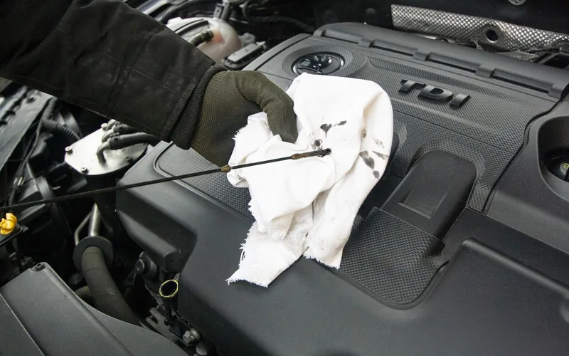 Mechanic servicing a car engine during a scheduled oil change