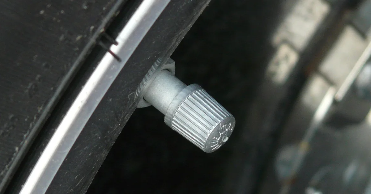 Silver valve cap on the valve stem of a car wheel
