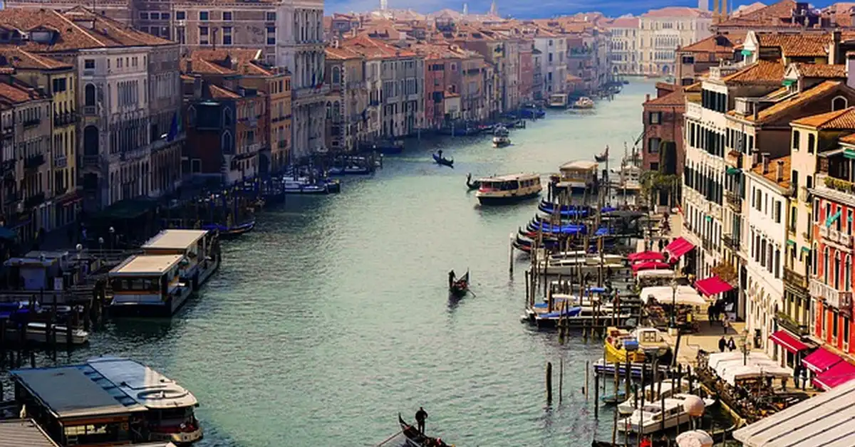 Grand Canal in Venice, Italy with gondolas, illustrating the car-free historic center