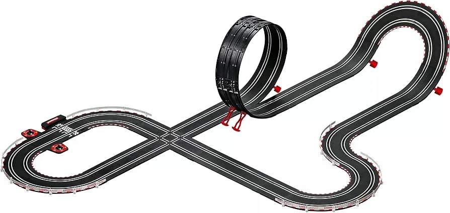 Figure-8 slot car track layout with a banked loop section