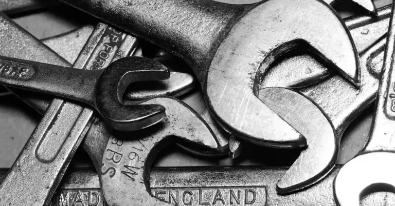 Mechanic tools including a wrench and spanner in a garage