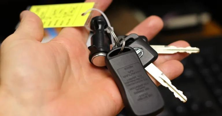 Car dealer handing over keys to a customer picking up a leased vehicle