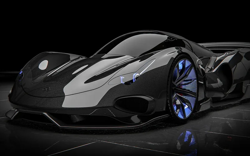 Photorealistic concept car render displayed in a design studio Photorealistic concept car render displayed in a design studio