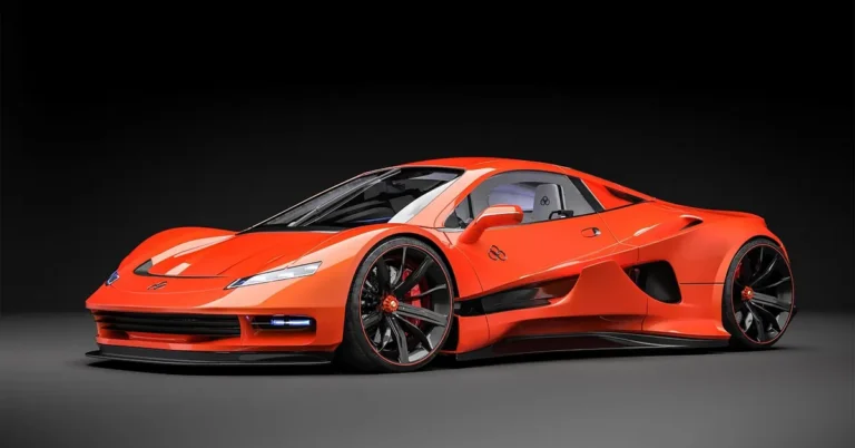 Orange mid-engine supercar concept on a dark studio background
