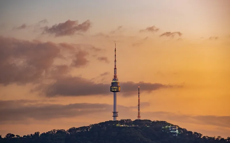 Namsan Tower on a hill above Seoul at sunset