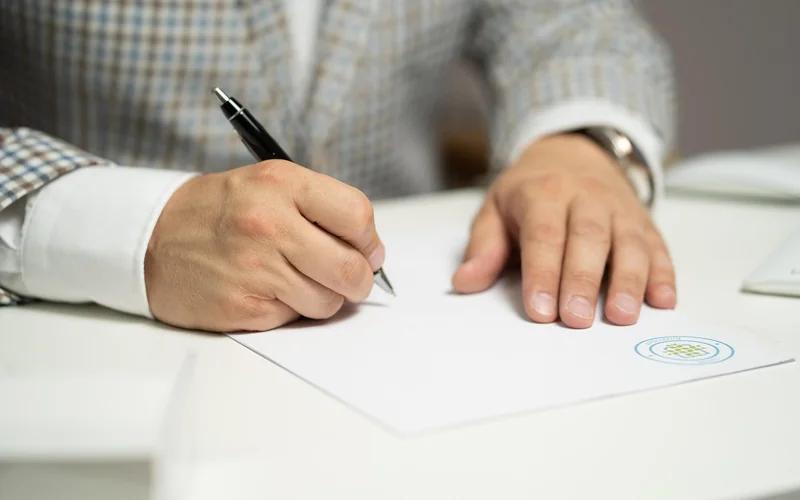 Signing car loan financing paperwork Person signing car financing paperwork at a dealership