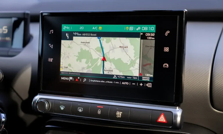 Car infotainment touchscreen on the dashboard showing a navigation map and route