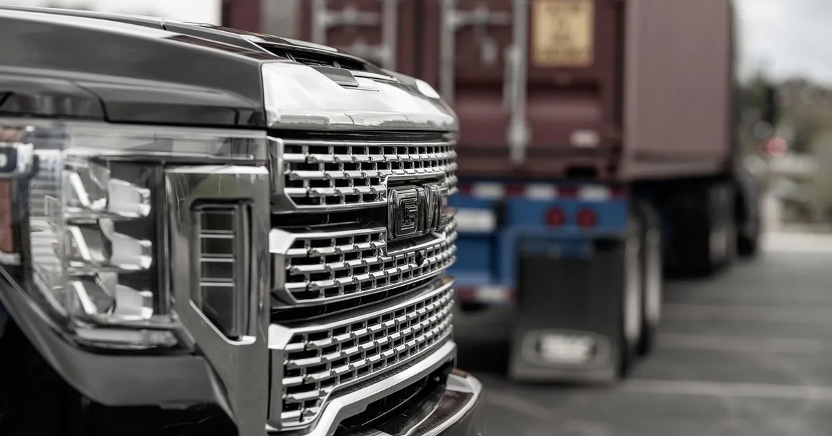 Close-up of a heavy-duty pickup truck grille parked beside a semi-trailer