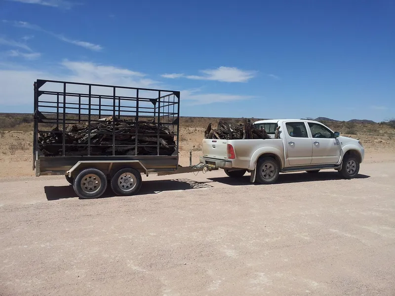 Pickup truck towing a loaded two-axle trailer on a gravel road