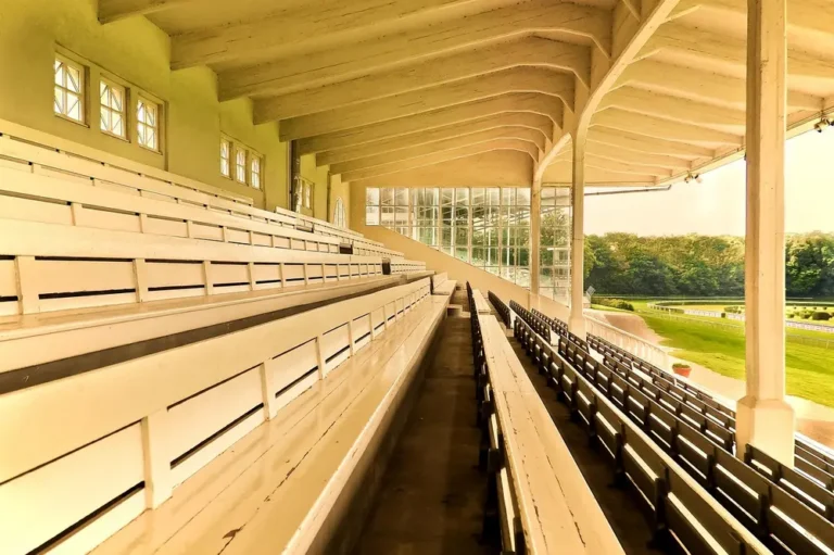 Empty wooden grandstand benches under a roof beside a racecourse