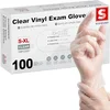 Box of clear vinyl exam gloves with a gloved hand shown beside it