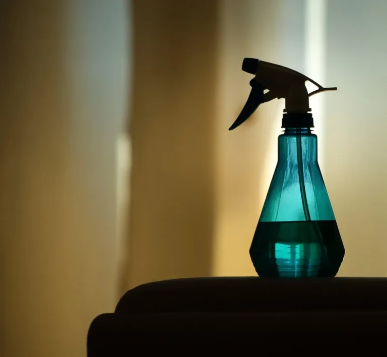 A teal trigger spray bottle silhouetted against a softly lit wall