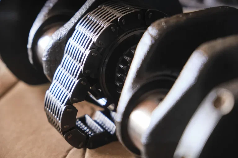 A chain wrapped around a crankshaft sprocket on an engine part