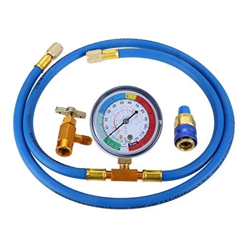 R134a recharge hose kit with gauge