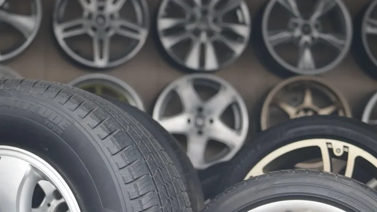 Stack of tires and alloy wheels on display at a tire shop