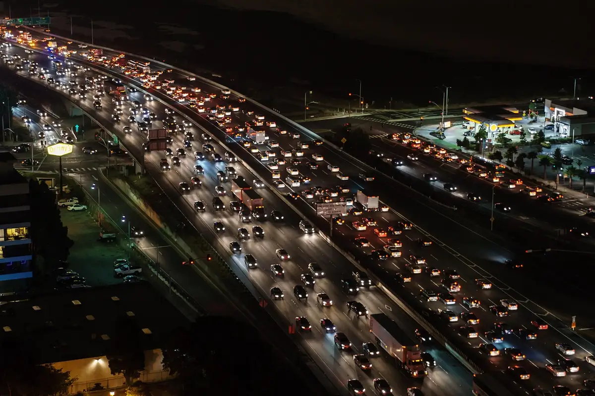 Heavy night traffic on a multi-lane elevated highway