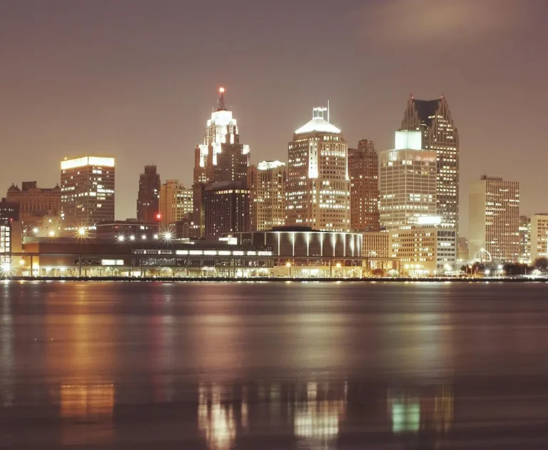 Detroit skyline at night seen across the Detroit River