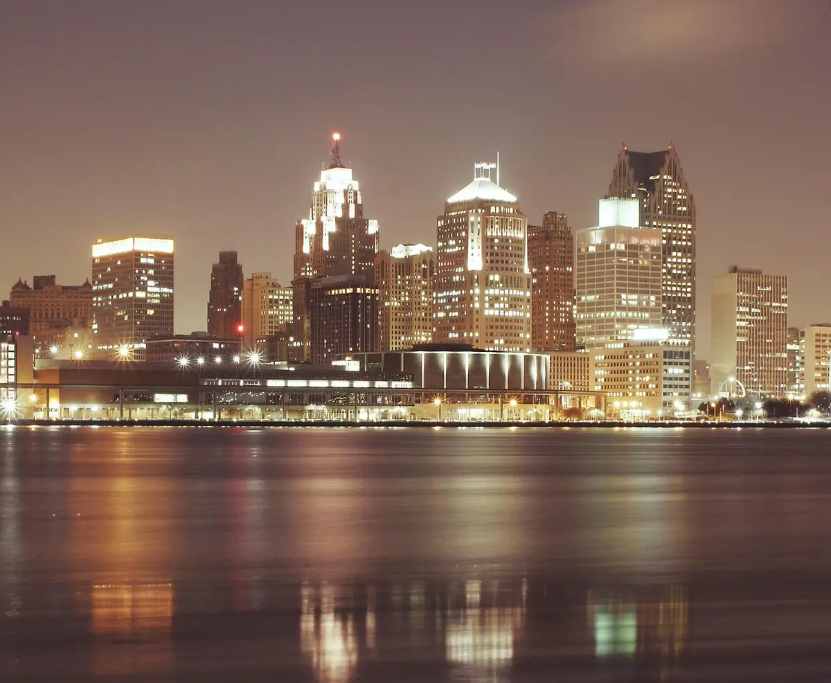 Detroit skyline at night seen across the Detroit River