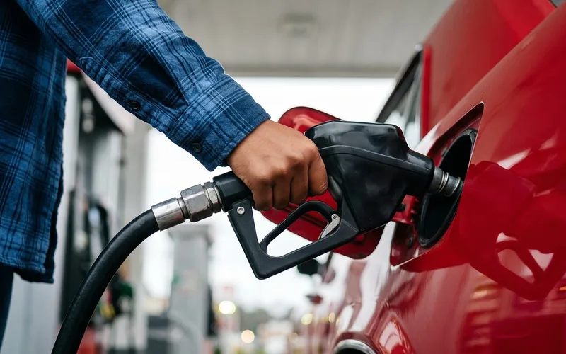 Refueling a car with Unleaded 88 (E15) at a gas station pump