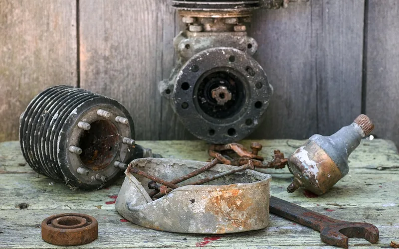 Old finned engine cylinder and rusty engine parts on a weathered wooden workbench