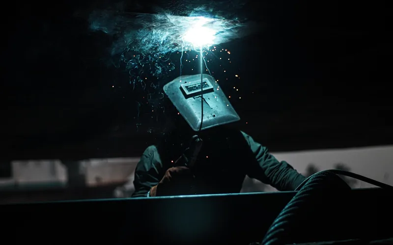 A worker in a welding mask welding in a dark workshop