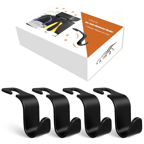 Amooca 4-pack car headrest hooks clipped onto a seat post, rated to hold 55 lbs per hook Amooca 4-pack car headrest hooks clipped onto a seat post, rated to hold 55 lbs per hook