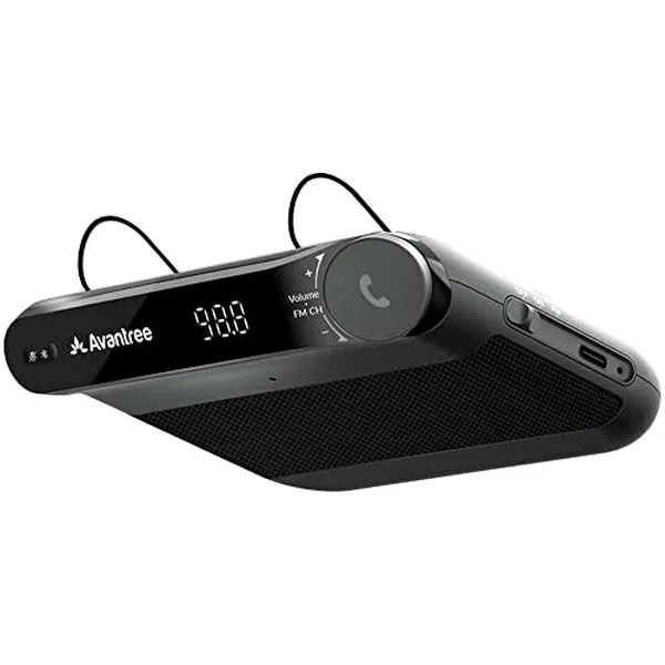 Avantree Roadtrip Bluetooth car speaker and FM transmitter kit on a sun visor