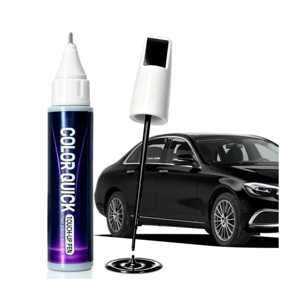 black automotive touch-up paint pen with fine-tip and brush applicator