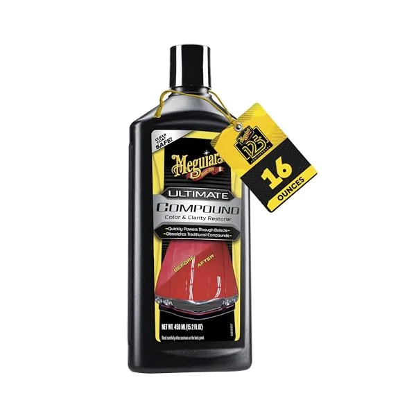 Meguiar's Ultimate Compound bottle, pro-grade paint correction compound