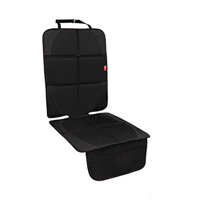 MORROLS car seat protector with thick padding and mesh pockets installed under a child car seat MORROLS car seat protector with thick padding and mesh pockets installed under a child car seat