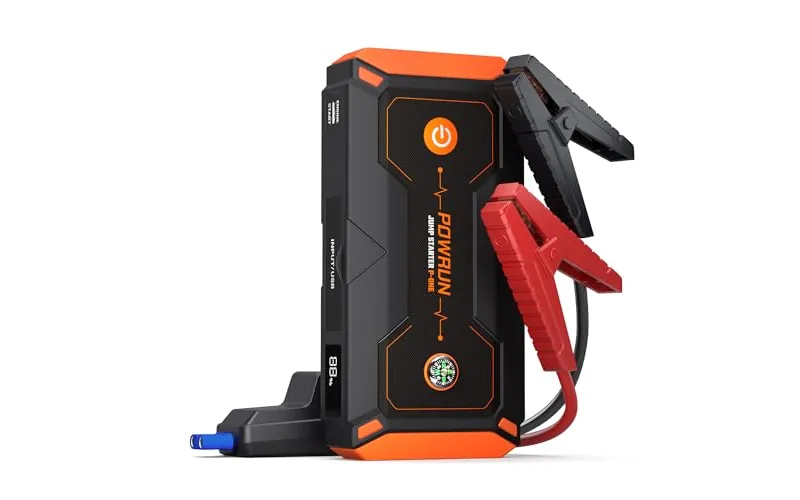 Powrun P-ONE 2000A portable jump starter box in orange with carry case
