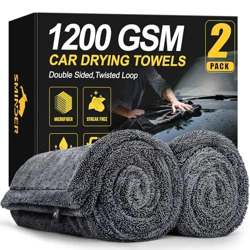 SMINDER 1200 GSM microfiber drying towels folded in a two-pack for streak-free car drying