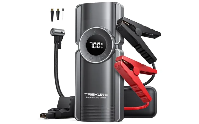 TREKURE portable car jump starter with built-in 150PSI air compressor and digital display