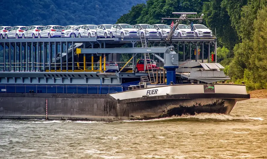 Vessel carrying a deck of new white cars on a river
