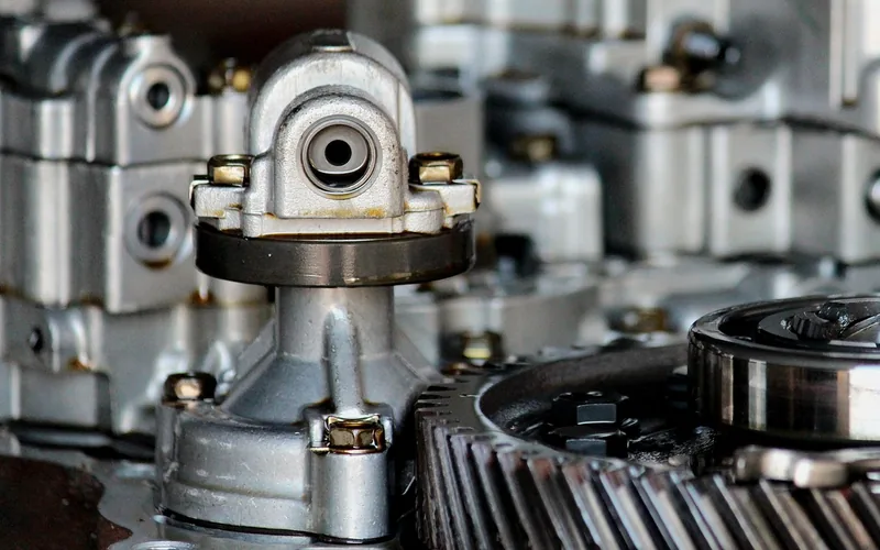 Gearbox gears and a bearing seen close up inside a transmission